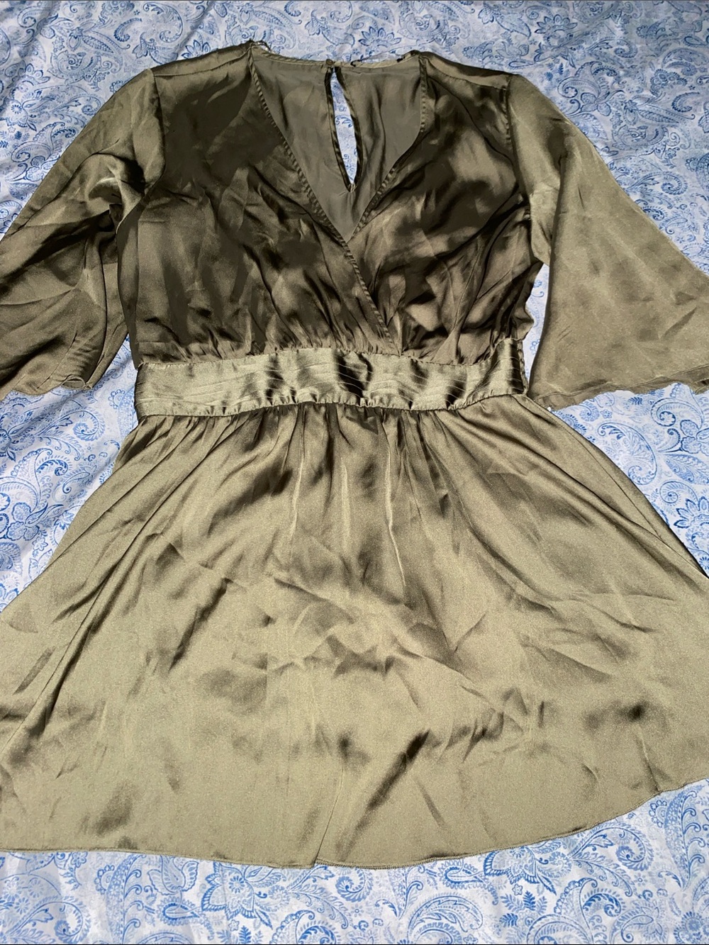 Olive Green Satin V-Neck Dress